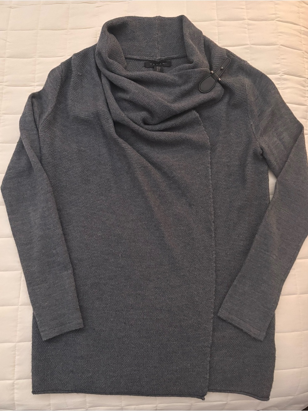 Tahari Slate Gray Draped Buckle Cardigan